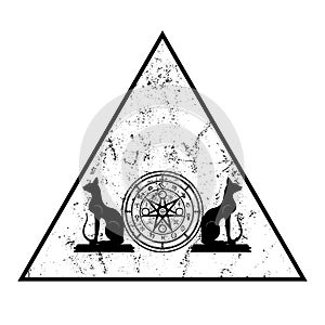 Wiccan symbol of protection. Triangle Mandala Witches runes and black cats, Mystic Wicca divination. Ancient occult symbols grunge