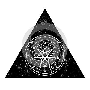 Wiccan symbol of protection. Triangle Mandala Witches runes, Mystic Wicca divination. Ancient occult symbols, Earth Zodiac Wheel