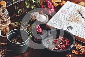 Wiccan witch altar with an open book of shadows with hand written spell in it, ready for spell casting