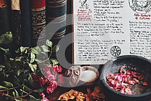 Wiccan witch altar with an open book of shadows with hand written spell in it, ready for spell casting