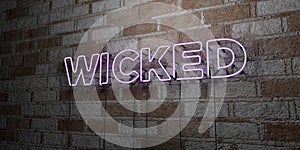 WICKED - Glowing Neon Sign on stonework wall - 3D rendered royalty free stock illustration