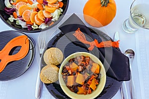 Wicked good, black and orange Halloween party chili