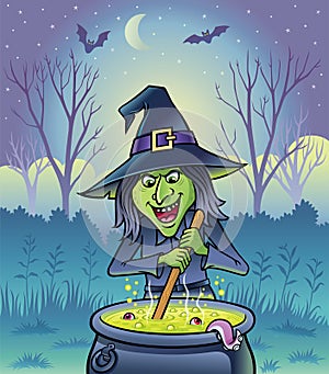 Wicked Witch Stirring Cauldron With Bats Hovering