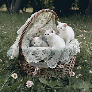 Wicker basket with adorable kittens surrounded by flowers. AI-generated.