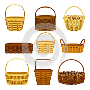 Wicker Basket as Container Woven from Stiff Fiber Vector Set