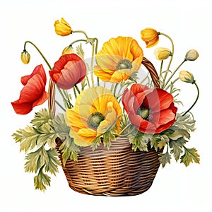 Wicker basket with a bouquet of summer wild flowers poppy. Blooming flowers red poppies, pansies, herbs in a meadow