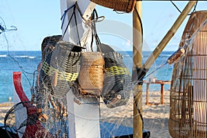 Wicker basket in a cafe on the beach