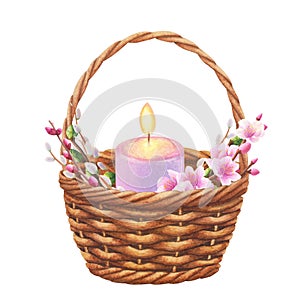 Wicker basket with candles, flowering branches of willow and sakura, peach, apple. Hand drawn watercolor illustration