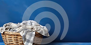 Wicker basket with clean laundry on a blue background. Copy space. Banner 2:1