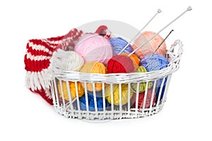 Wicker basket with colorful balls of yarn