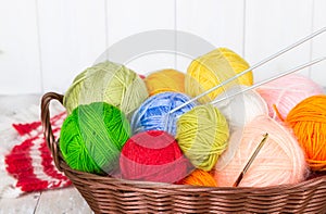 Wicker basket with colorful balls of yarn