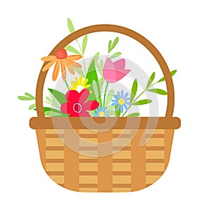 Wicker basket with colorful flowers. Holiday gift.
