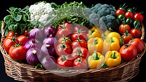 Wicker basket of colorful veggies.