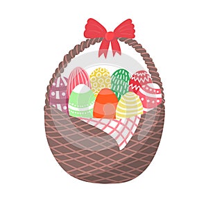 Wicker basket with easter chocolate eggs, religion spring holiday isolated on white, flat vector illustration