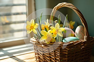 A wicker basket with Easter eggs and daffodils stands by the window through which spring sunlight pours