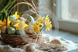A wicker basket with Easter eggs and daffodils stands by the window through which spring sunlight pours