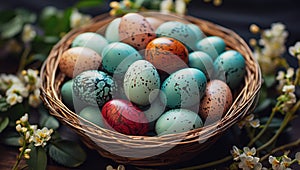 Wicker basket with Easter eggs. Easter concept