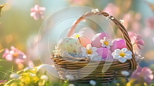 Wicker basket with Easter eggs in green grass against flower meadow. Space for text. Easter card