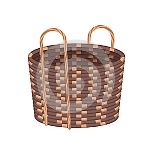 Wicker basket, empty rattan or wooden hamper with natural brown braided wires, handles