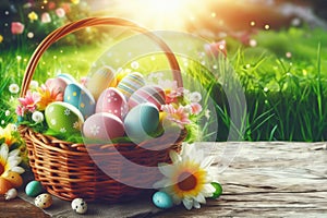 Wicker basket with festively decorated Easter eggs on sunlit green grass, space