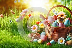 Wicker basket with festively decorated Easter eggs on sunlit green grass, space