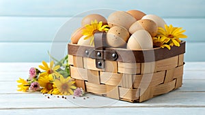 A wicker basket filled with eggs and flowers on a wooden table
