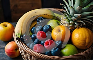 Fresh and organic fruits in a wicker basket on a wooden table. Healthy eating lifestyle concept