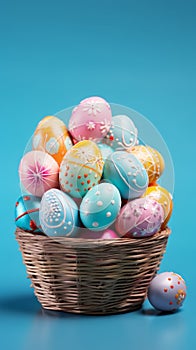Wicker basket filled with pastel-colored hand-painted Easter eggs on a turquoise background. With copy space. Can be