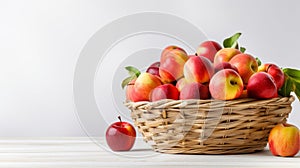 A wicker basket filled with red apples that have just been plucked and are displaying their vivid colors. On a white