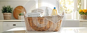 Wicker Basket Filled With Towels and Cleaning Products