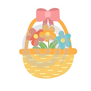 Wicker basket with flowers. Hand drawing, flat vector illustration