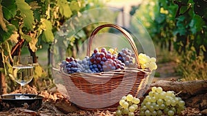 Wicker basket with fresh grapes and a glass of white wine against the backdrop of a vineyard. Generative AI.