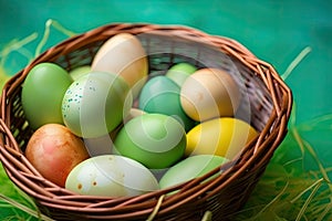 wicker basket full of easter eggs on the grass. Ai generative