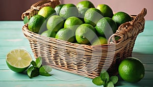 Wicker basket full of fresh limes.