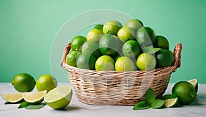 Wicker basket full of fresh limes.