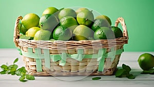 Wicker basket full of fresh limes.