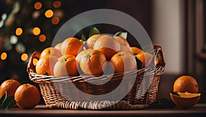 Wicker basket full of fresh oranges.