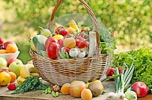 Wicker basket is full with fruits and vegetables