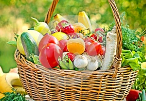 Wicker basket full of fruits and vegetables