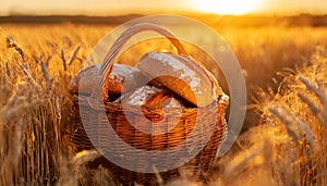 Wicker Basket Full of Loaves of Bread in a Wheat Field - Generative Ai