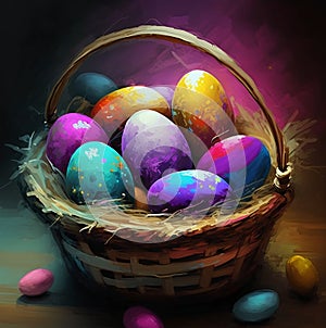 Painted color easter eggs in the wicker basket