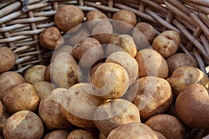 Wicker Basket Full Of Potatoes On Sale At Farmers Market