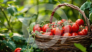 wicker basket full of red tomatoes in a large green garden