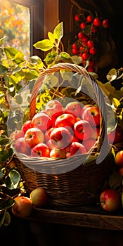 Wicker basket full of ripe red apples shining in the sunlight. Picked apples on the windowsill. Generative AI