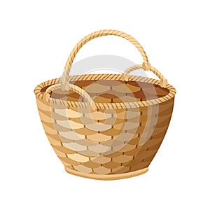 Wicker basket icon. Container hand woven. Decorative accessorie for storage or carrying. Straw handmade container. Empty