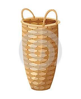 Wicker basket icon. Container hand woven. Decorative accessorie for storage or carrying. Straw handmade container. Empty