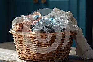 Wicker basket with laundry close-up. Washday photo