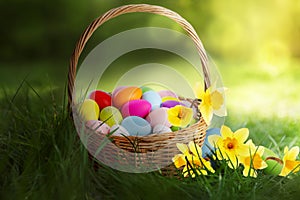 Wicker basket with painted Easter eggs and daffodils in green grass