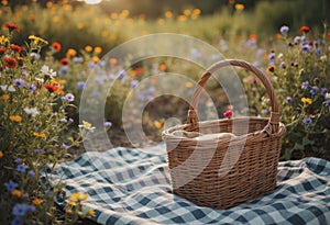 Wicker basket on a picnic blanket surrounded by colorful wildflowers photo