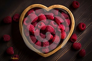 Wicker basket in shape of heartis filled to brim with luscious red raspberries, resting on wooden table.